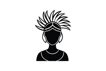 Woman with Feathered Headdress Icon Carnival Costume Silhouette Style Vector Graphic of a Female Figure Wearing a Festive Headpiece in Black Silhouette