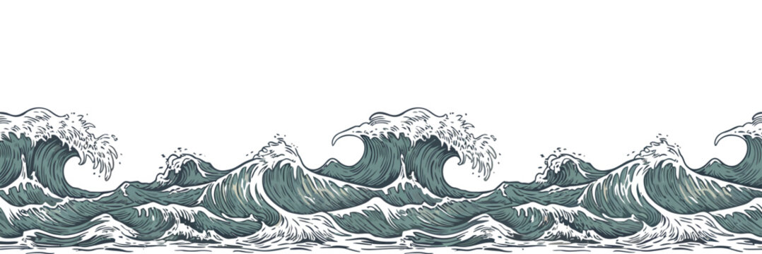 Hand Drawn Ocean Waves with White Foam Dark Blue Water and Fine Line Details on a White Background for Design Elements