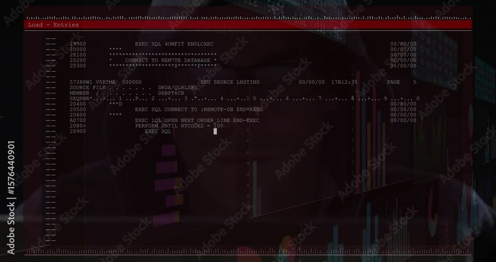 Poster man entering terminal command and invoking sql session showing charts behind order processing code