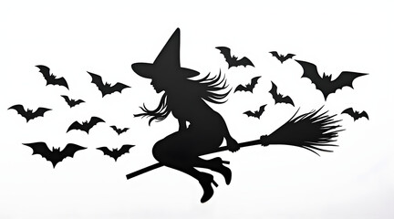 Fototapeta premium Flying witch silhouette cutout on broomstick surrounded by bats in spooky Halloween scene with white background