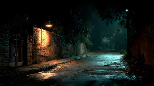 A dark alleyway illuminated by a single flickering light, the silence of the night deep and unsettling alleyway, dark road, night silence
