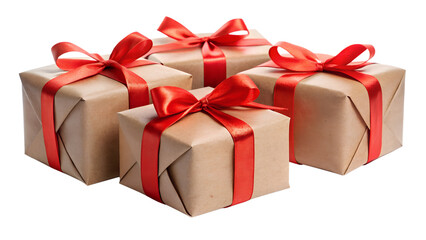 A group of five brown kraft paper gift boxes tied with bright red ribbons and bows, isolated on...