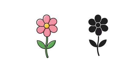 Cute pink flower illustration with black silhouette on a white background