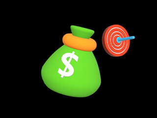 3D Pouch Money bag with target icon . Online payment, Business and finance concept.