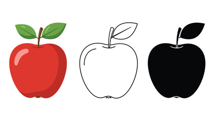 Apple Illustration Set with Color Outline and Silhouette Versions on White