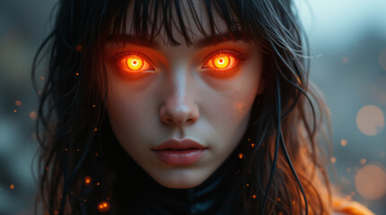 Futuristic beautiful woman with glowing orange eyes