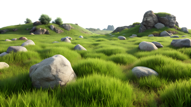 Lush green grass covers rolling hills dotted with large stones under a bright sky isolated on transparent background