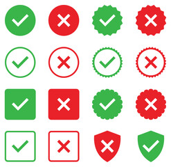 Set of check mark and cross mark icon set. Collection of green check marks and red cross icons in various shapes like circles, squares, badges, and shields. Vector illustration.
