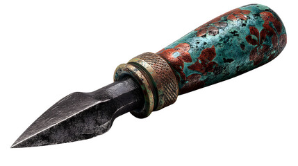 Antique dagger shows a rustic ornate handle on transparent background