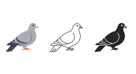 Pigeon Illustrations Set Cartoon Flat Line Art Silhouette