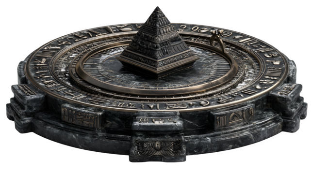 Mystical pyramid artifact with ancient Egyptian hieroglyphs rests on a circular base, transparent background