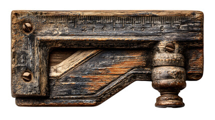 Detailed close up of vintage wooden marking gauge tool shows rustic charm, transparent background