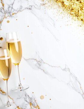 New Year&rsquo;s Celebration &ndash; Elegant White Marble Background with Champagne and Gold Sparkle Accents