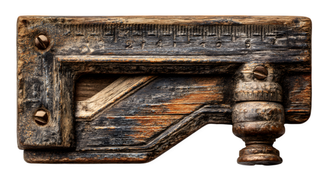 Detailed close up of vintage wooden marking gauge tool shows rustic charm, transparent background