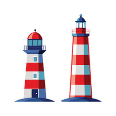 Two striped lighthouses with red and blue accents isolated on white background