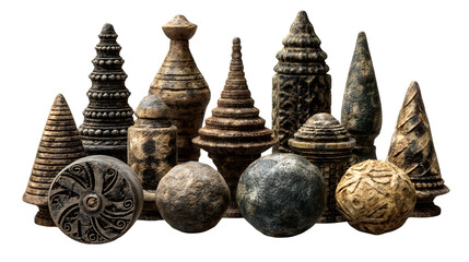 Elegant ancient stone decorative objects are displayed against transparent background
