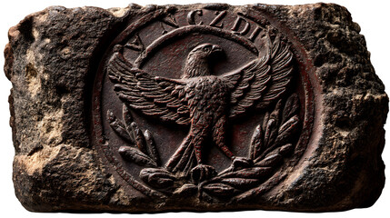 Ancient stone carving displays an eagle emblem with laurel wreath, transparent background