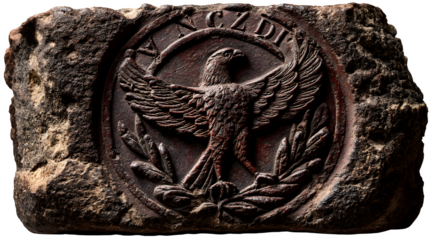 Ancient stone carving displays an eagle emblem with laurel wreath, transparent background