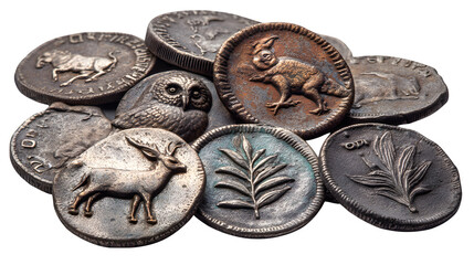 A collection of ancient coins features animal and plant designs on a transparent background. ©  Zanix
