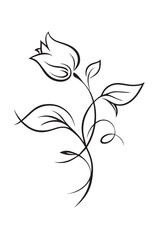 Elegant black line art rose with leaves and swirls flower bloom