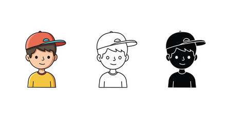 Boy with baseball cap in color line art and silhouette illustration