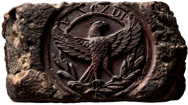 Ancient stone carving displays an eagle emblem with laurel wreath, transparent background