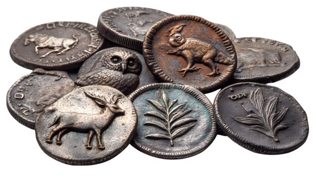 A collection of ancient coins features animal and plant designs on a transparent background.