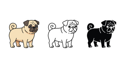 Cute Pug Dog Vector Illustration in Color Outline and Silhouette