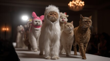 Cats in costume parade on fashion runway with dramatic lighting
