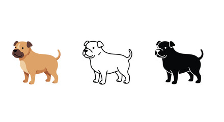 Three cartoon dog illustrations in different styles and colors on a white background