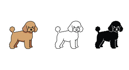 Cute Poodle Dog Illustration in Color Outline and Silhouette Style