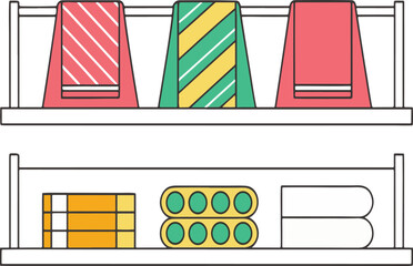 Colorful towels and other bath items organized neatly on shelves in a modern bathroom