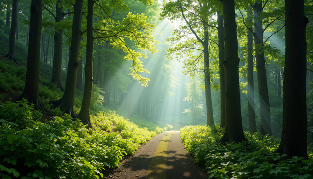 s a path winding through a lush green forest with sunbeams shining through the trees