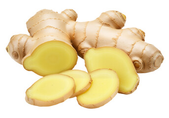 Fresh Ginger Root with Sliced Pieces Isolated on White Background — Culinary, Herbal, and Health Concept