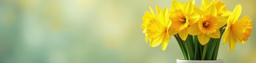 A ceramic pot overflowing with fragrant, yellow narcissus blooms against a bright, airy backdrop , elegance, sunshine