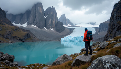 Fototapeta premium s a man standing on top of a mountain next to a body of water