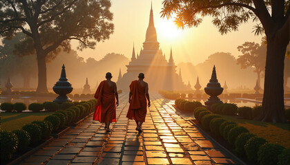 s two Buddhist monks walking down a path in front of a pagoda