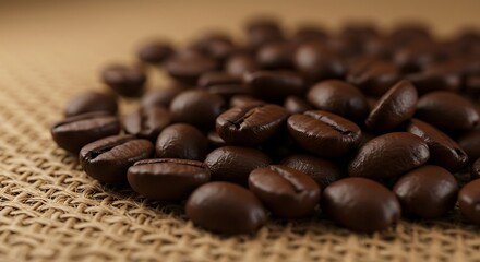Naklejka premium Roasted Coffee Beans on Tan Burlap Surface Detailed Close Up