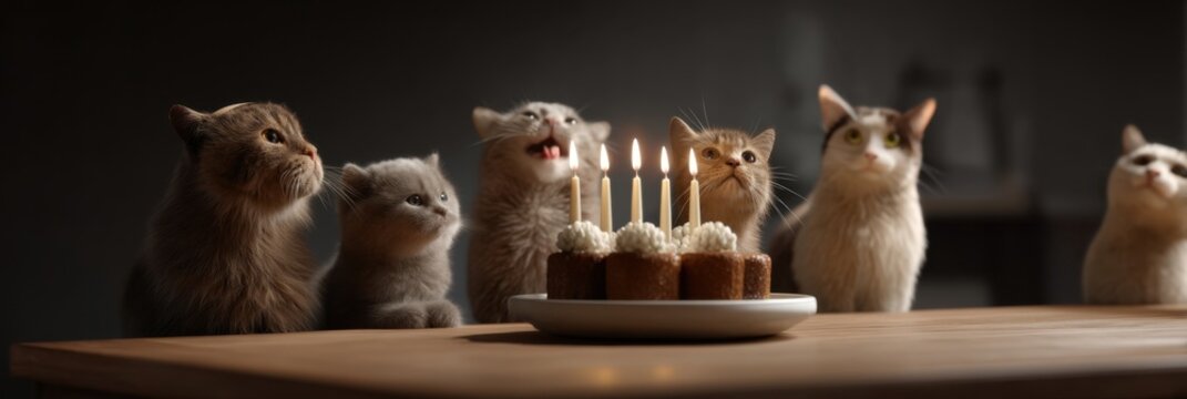Five cats gathered around cake with candles celebrating a festive occasion