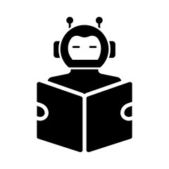 Solid Black Explainability Icon – Robot with Book Representing Clarity and Transparency in AI Models and Algorithmson Transparent Background.