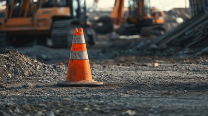 Close-up of a weathered orange traffic cone at a construction site with heavy machinery in the background.