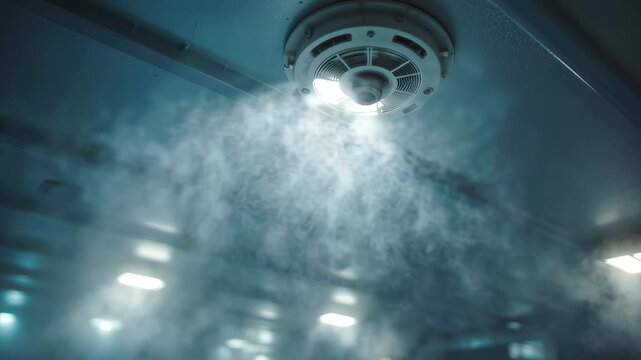 Fire sprinkler spraying water to extinguish flames in an industrial building, providing crucial safety measures and preventing extensive damage during emergencies