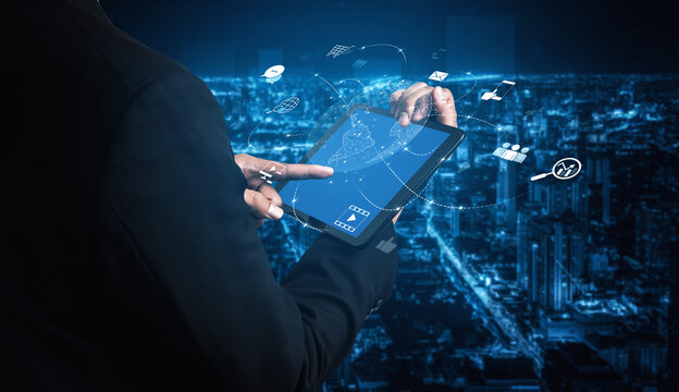 Visualization of global digital communication and online across multiple platforms, including global network, digital network, communication network, and online network. Vouch - Powered by Adobe