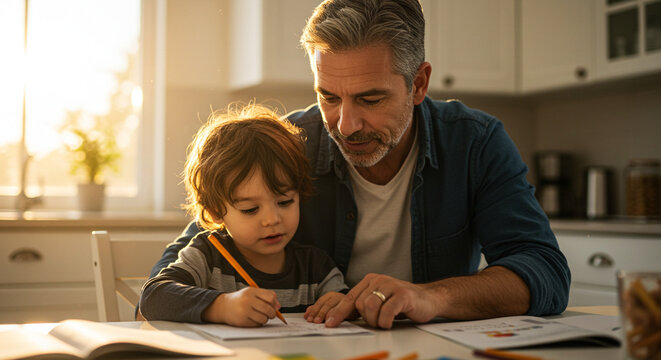 Father and son doing homework together in the kitchen