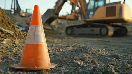 Close-up of an orange traffic cone in a construction site with an excavator in the background.