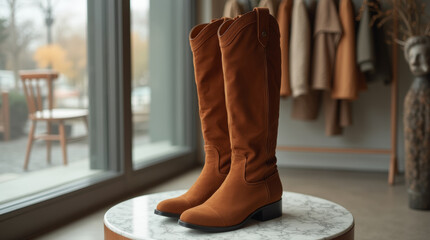 Women's brown suede high boots on display in a fashion store