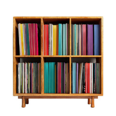 Wooden bookcase with a rainbow of colored books