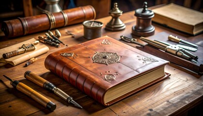 Ornate leather-bound book on artisan workbench