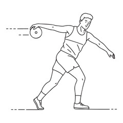 Teenager in athletic gear, focused mood, throwing a discus, linear illustration 