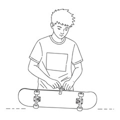 Teenager in t-shirt, focused mood, repairing skateboard, line drawing 